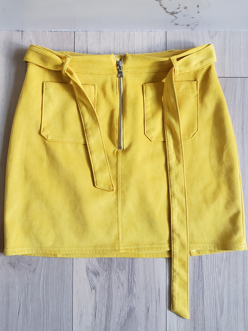 Belted Mini Skirt with Front Pockets Vegan Suede Mustard Yellow Size 6